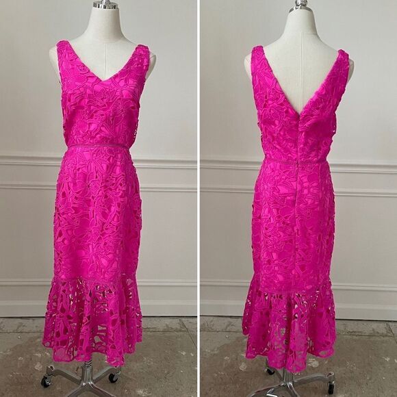 Alexia Admor Fuschia Hot Bold Pink Trumpet Peplum Crochet Lace Sheath Dress 4 - Picture 1 of 9